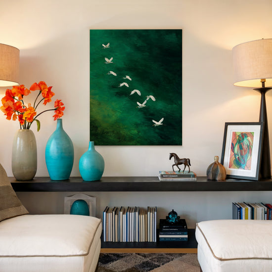 Tableau nature oiseaux blancs vol émeraude décoration murale salon minimaliste zen