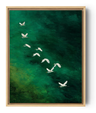 Natur-Wandbild weiße Vögel im Flug auf smaragdgrünem Hintergrund, beruhigende und poetische Wandkunst