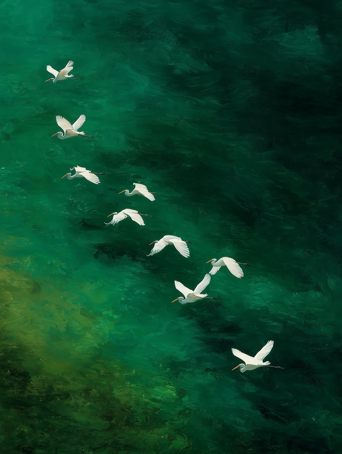 Tableau sur toile Hérons blancs - Vol gracieux sur eau émeraude