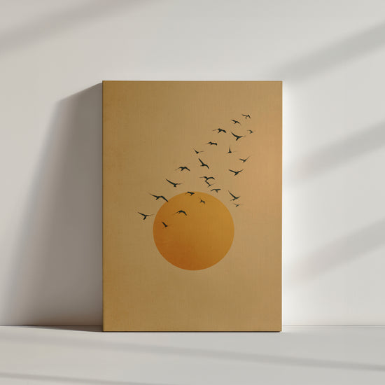 Tableau nature oiseaux en vol soleil ocre ambiance crépusculaire minimaliste décoration murale apaisante