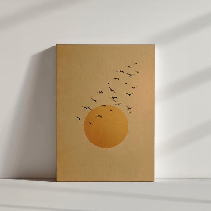 Tableau nature oiseaux en vol soleil ocre ambiance crépusculaire minimaliste décoration murale apaisante