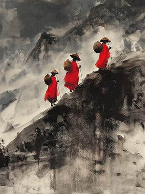 An artwork featuring three monks in red robes climbing a mountain in a misty landscape. The background is dominated by grays and blacks, creating a striking contrast with the monks' red robes.