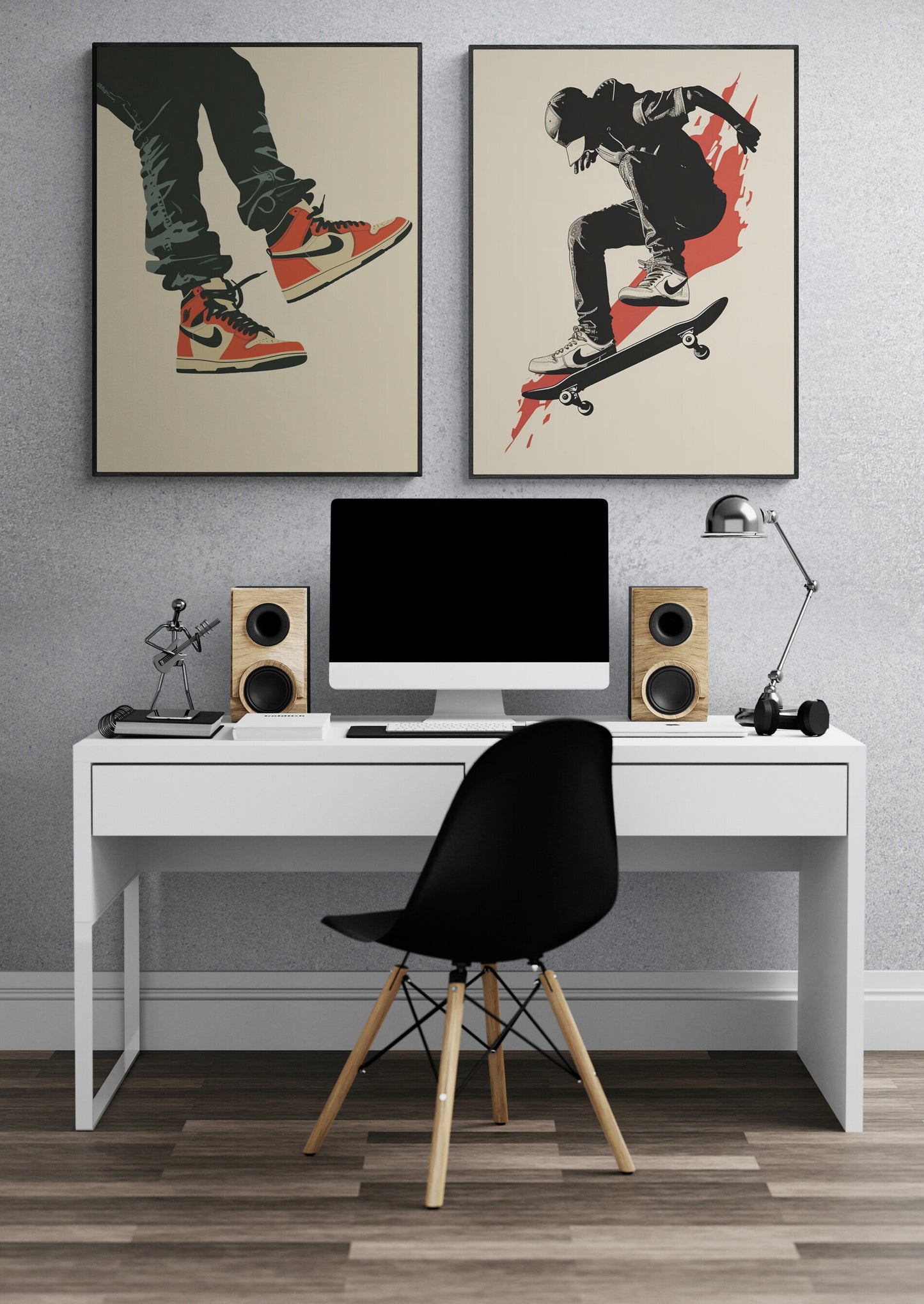 Bureau moderne avec tableau graphique de skateur Nike en noir et rouge.