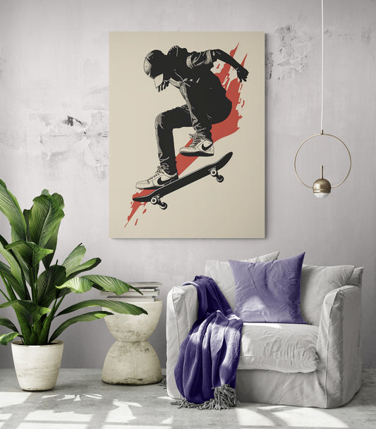 Salon blanc orné d'un tableau  avec illustration skate et basket Nike, éclat de couleur rouge.