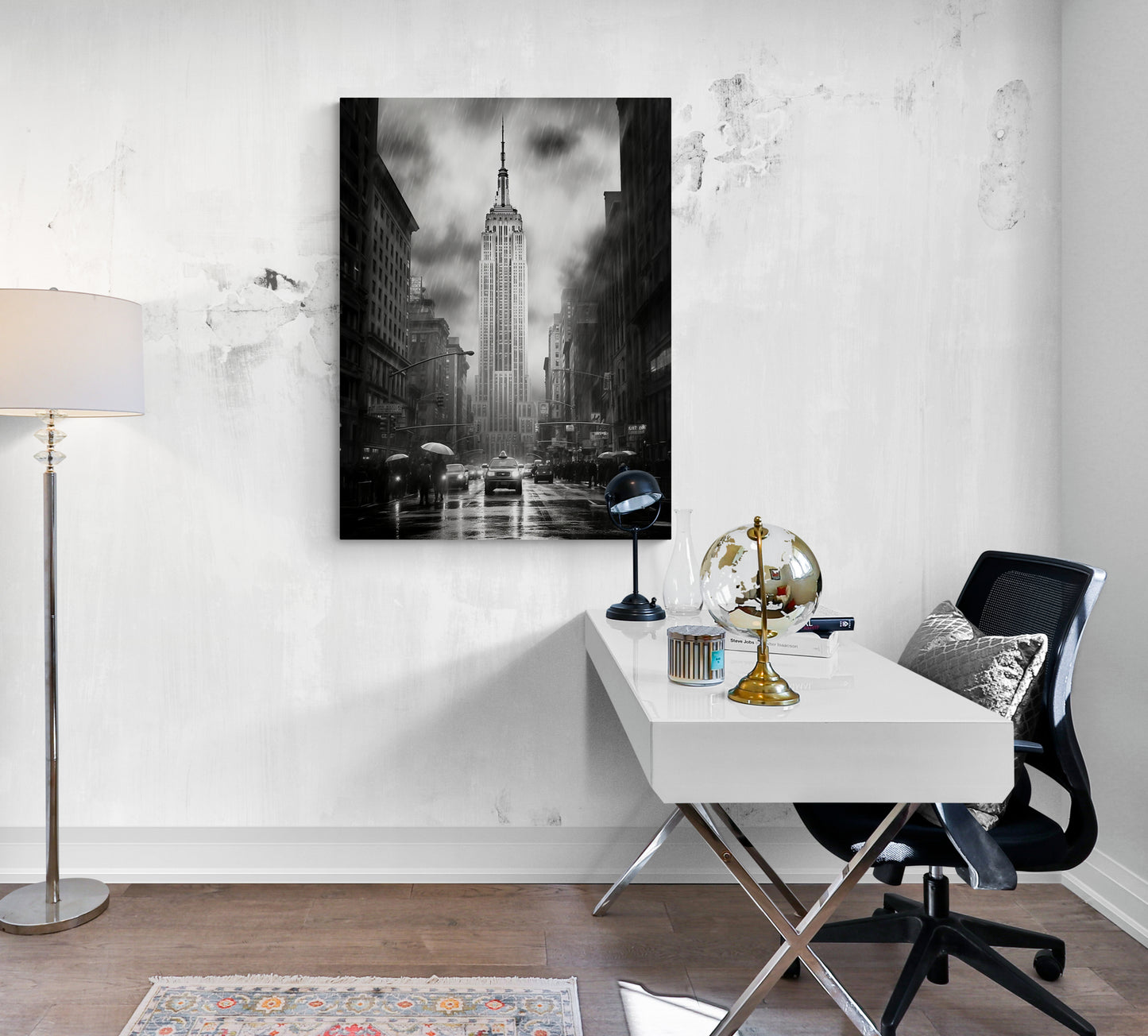 Toile photo de New York en noir et blanc, ajoutant une touche urbaine à un bureau design moderne