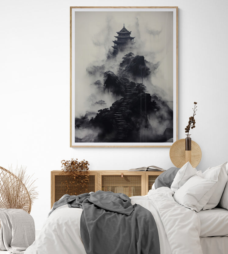 Dans la chambre, le tableau apporte une touche de calme asiatique au décor moderne.