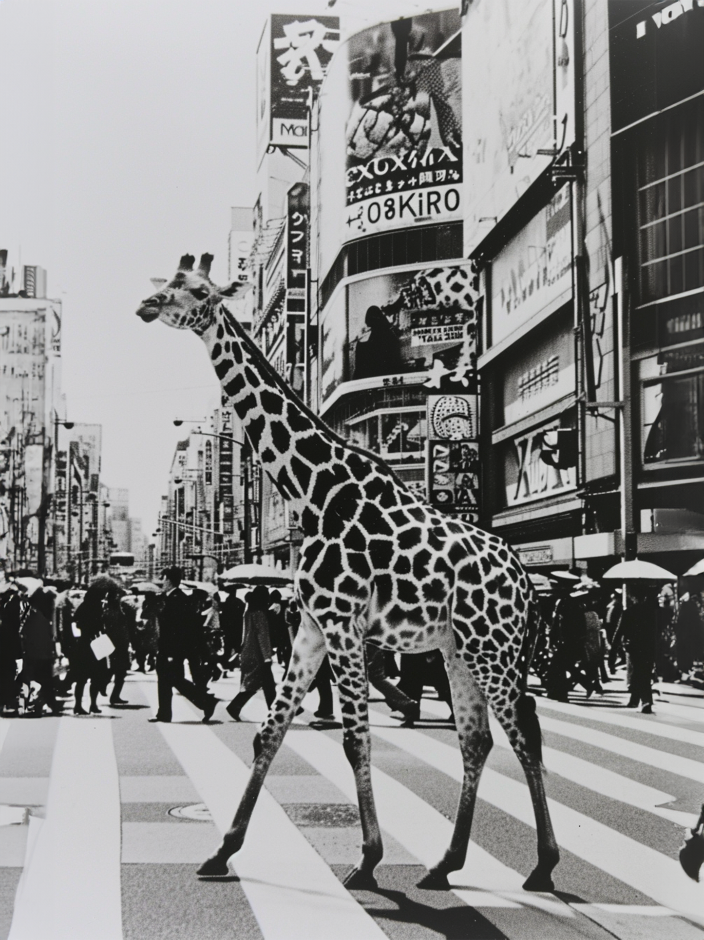 toile monochrome, girafe qui marche, passage piéton, piétons, grands immeubles.