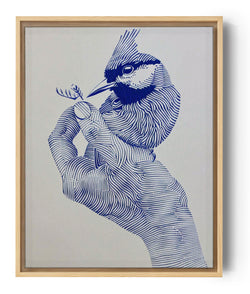 Oiseau sur main line art bleu tableau pour salon minimaliste