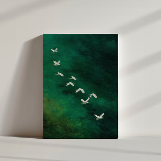 Tableau nature oiseaux blancs vol émeraude décoration murale salon moderne zen