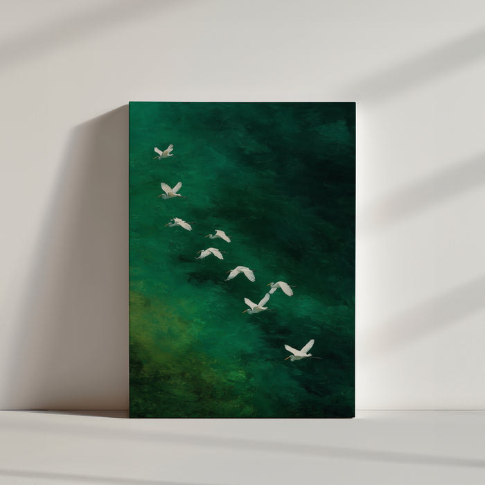 Tableau nature oiseaux blancs vol émeraude décoration murale salon moderne zen