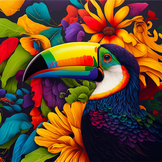 Tableau dépeignant un toucan majestueux au milieu d'un feuillage luxuriant et coloré