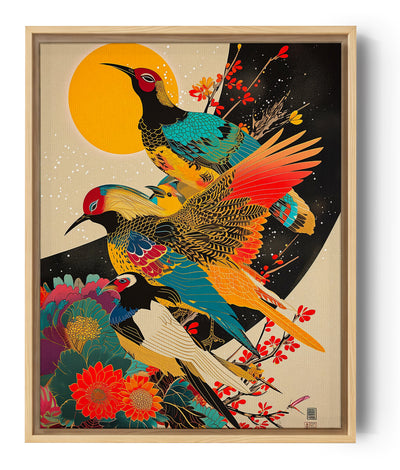 Une superbe illustration d’inspiration japonaise mettant en scène plusieurs oiseaux aux plumes éclatantes, entourés de fleurs exotiques. Le fond doré rehaussé par un soleil intense apporte une touche raffinée et harmonieuse, parfaite pour une décoration murale élégante et artistique.