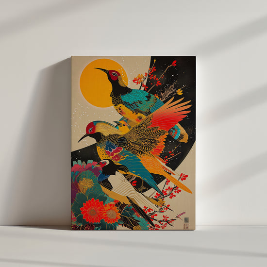 Une superbe illustration d’inspiration japonaise mettant en scène plusieurs oiseaux aux plumes éclatantes, entourés de fleurs exotiques. Le fond doré rehaussé par un soleil intense apporte une touche raffinée et harmonieuse, parfaite pour une décoration murale élégante et artistique.