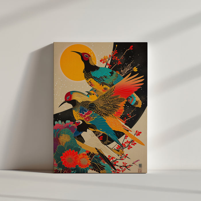 Une superbe illustration d’inspiration japonaise mettant en scène plusieurs oiseaux aux plumes éclatantes, entourés de fleurs exotiques. Le fond doré rehaussé par un soleil intense apporte une touche raffinée et harmonieuse, parfaite pour une décoration murale élégante et artistique.
