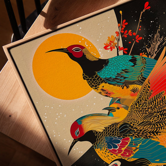 Tableau oiseaux japonais soleil levant pour bureau scandinave