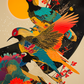 Art mural traditionnel japonais avec oiseaux exotiques et lune pleine.
