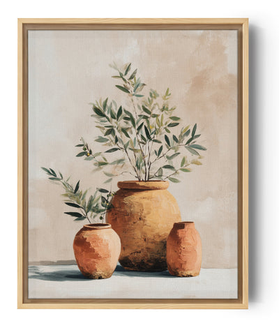 Stillleben-Wandbild mit Terrakotta-Töpfen und Olivenzweigen, beruhigender mediterraner Stil
