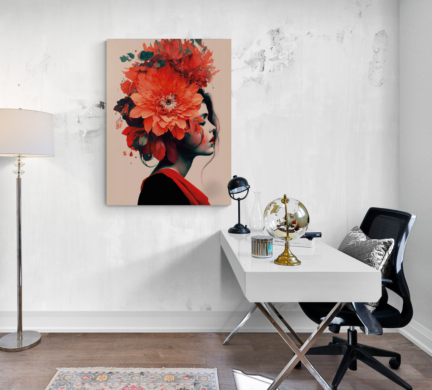 Décoration intérieure pour bureau, femme, fleurs colorées, expression provocante.