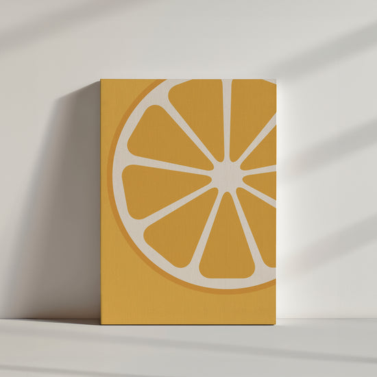 Flat-design orange slice graphic on a vivid orange background, segments and white pith visible