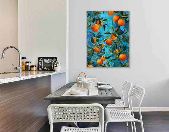 Colorful citrus wall art on a vibrant blue background, a Mediterranean touch for modern kitchen decor