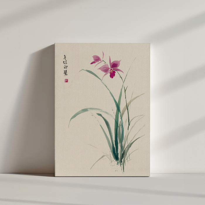Pink orchid sumi-e ink wall art, Zen minimalist decor