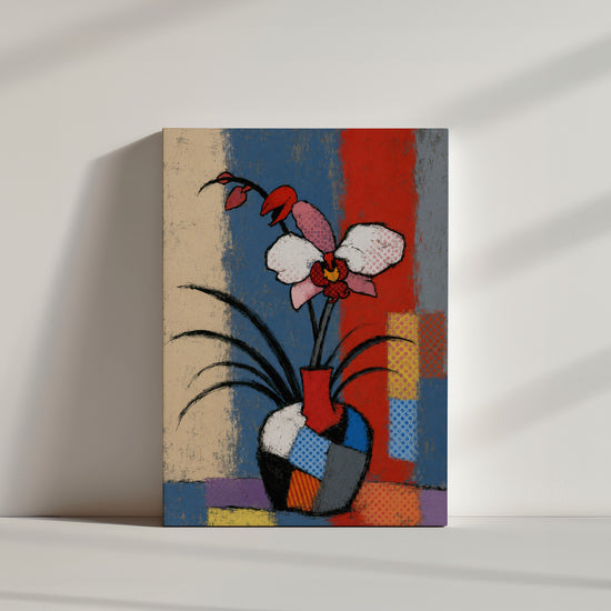 Tableau fleurs orchidée pop art couleurs vives vase coloré fond bleu rouge décoration minimaliste