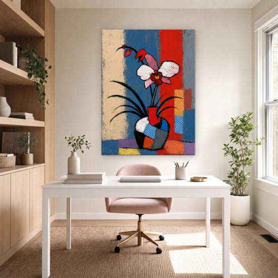 Tableau orchidée pop art couleurs vives vase coloré décoration murale moderne salon tendance