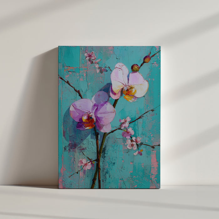 Tableau floral d'orchidées violettes en relief sur fond turquoise, style impressionniste