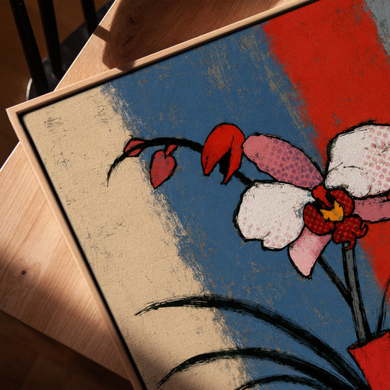 Tableau fleurs orchidées pop art coloré vase stylisé décoration salon moderne toile cadre chêne