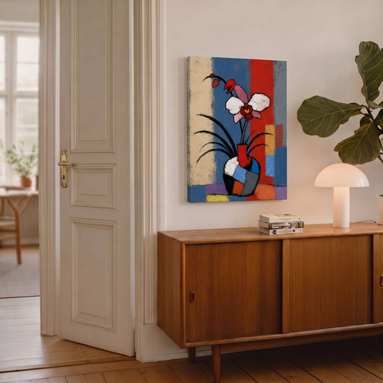 Tableau orchidées stylisées pop art vase coloré fond bleu rouge décoration murale moderne salon