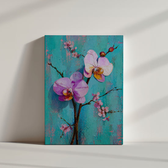 Tableau fleurs orchidées roses et blanches turquoise texturé décoration intérieur épuré lumineux