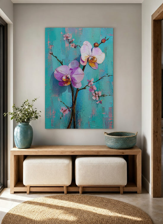 Tableau fleurs orchidées roses et blanches turquoise texturé décoration murale intérieur élégant