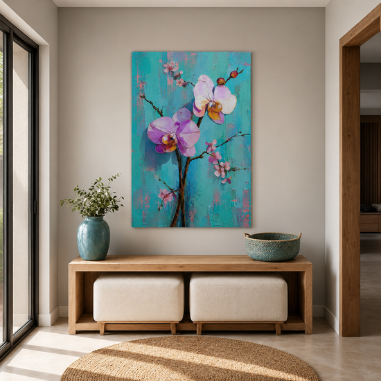 Blumenbild rosa und weiße Orchideen strukturiertes Türkis Wanddekoration elegante Inneneinrichtung