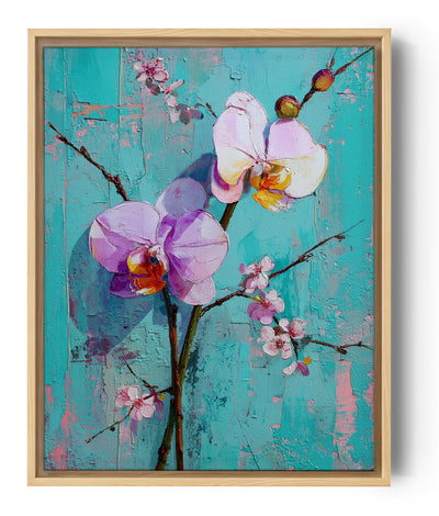 Tableau floral d'orchidées violettes en relief sur fond turquoise, style impressionniste