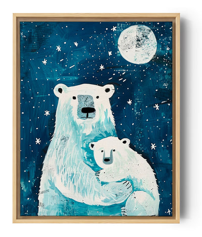 Painting of two polar bears under a starry night sky and moon