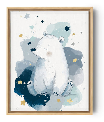 Cute polar bear illustration surrounded by stars on a blue watercolor background, dreamy nursery style