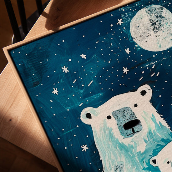 Polar bear and cub wall art for the living room, framed in golden oak