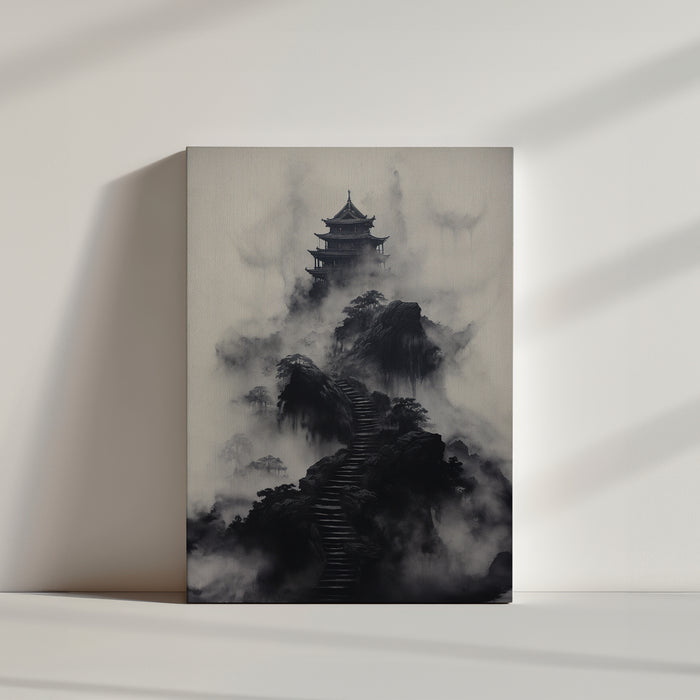 Le tableau en noir et blanc montre une pagode ancienne perchée sur des pics brumeux, évoquant un paysage asiatique mystique.