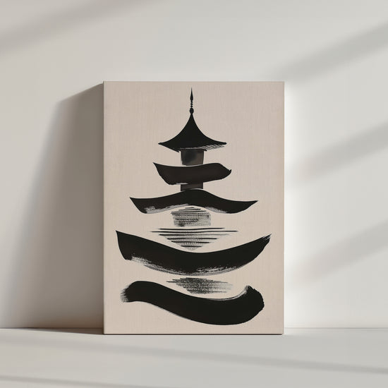 Minimalist ink wash sumi-e painting of a Japanese pagoda