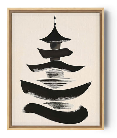 Highly stylized Japanese pagoda in traditional sumi-e ink art