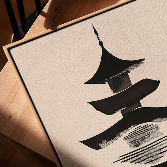 Japanese pagoda sumi-e calligraphy wall art for Scandinavian office decor
