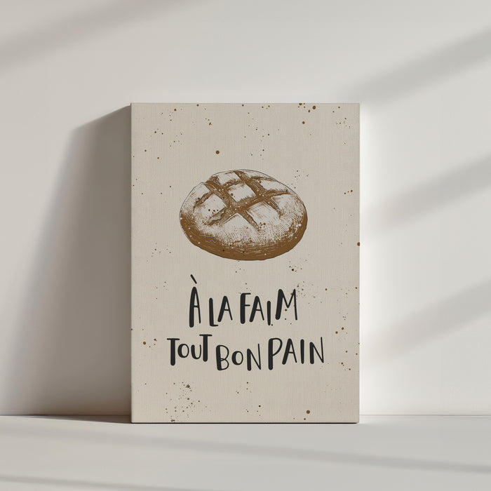 une illustration de pain de campagne sur un fond beige avec une citation, à la faim tout bon pain.