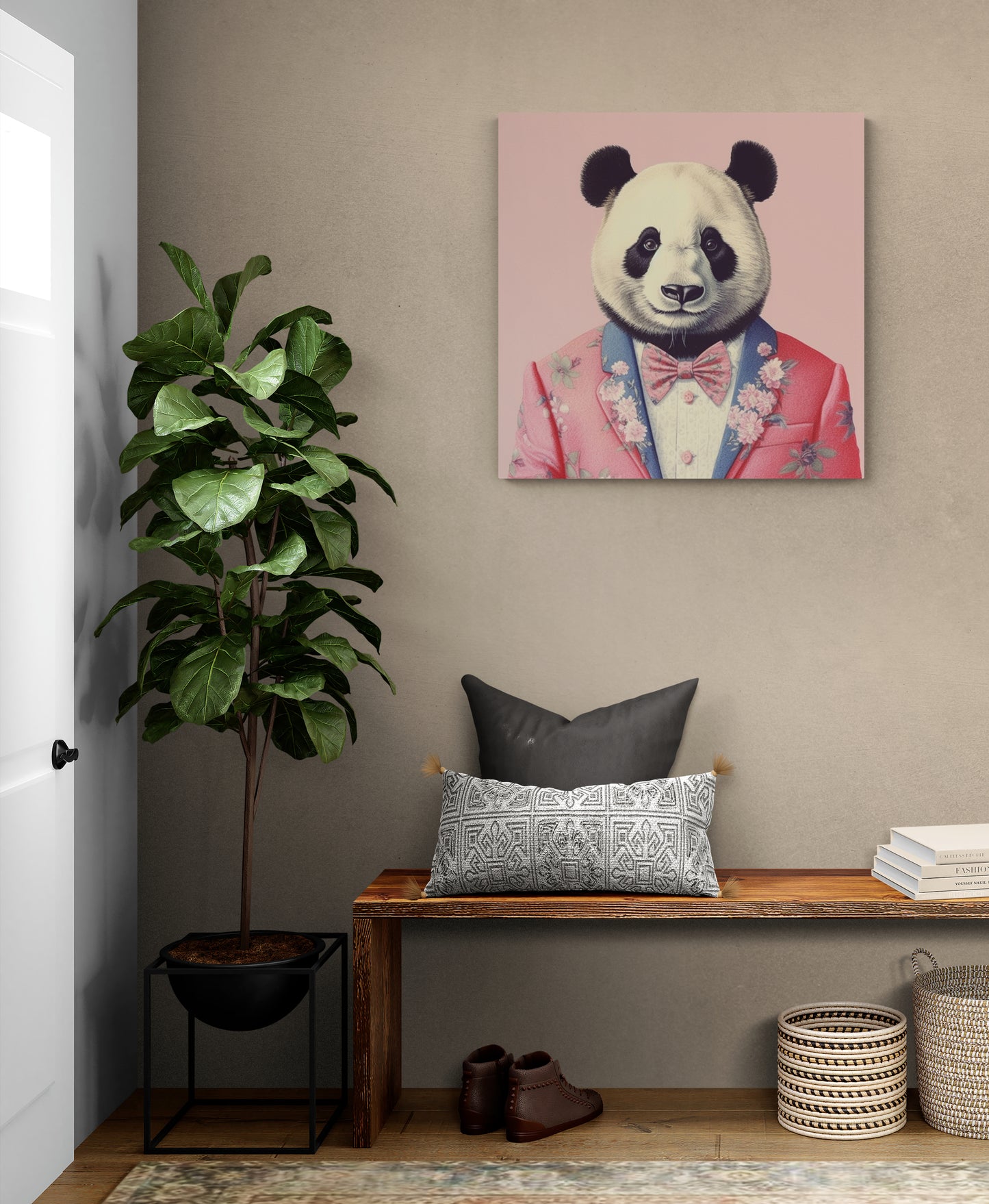 Décoration murale unique, notre tableau panda apporte une touche de couleur et d'originalité à une entrée de maison