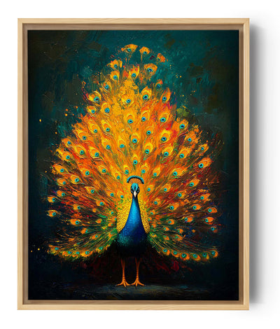 Ein Kunstwerk, das einen majestätischen Pfau mit ausgebreitetem Schweif in einem lebhaften Glanz aus Orange- und Blautönen zeigt. Die Details des Gefieders wirken wie in Öl gemalt und bieten einen texturierten und künstlerischen Effekt. Diese Leinwand verleiht jedem Interieur eine Note von Luxus.
