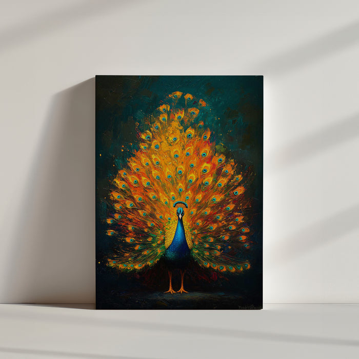 Peacock canvas wall art, majestic bird with fanned tail in vivid blue and orange, textured oil effect, luxe accent