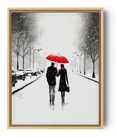 Decorative canvas print with a red umbrella symbolizing love and hope in a snowy landscape