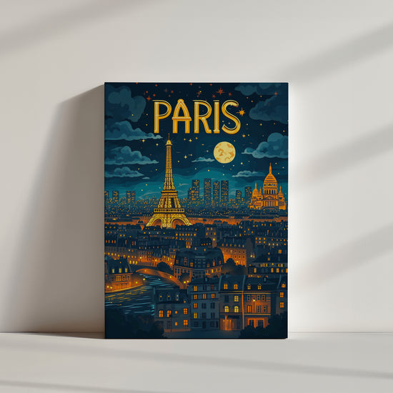 Colorful Paris Night Illustration with the Eiffel Tower, Sacré-Cœur (Sacre Coeur), Full Moon and Starry Sky