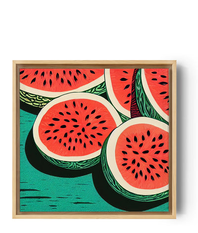Tableau cuisine vintage. Des pastèques tranchées, leurs chairs rouges agrémentées de pépins. Les couleurs vives et saturées rappellent les affiches des années passées. Les motifs sur la peau viennent rappeler le fond, pour un rendu harmonieux. Une véritable perle pour toute cuisine au style rétro