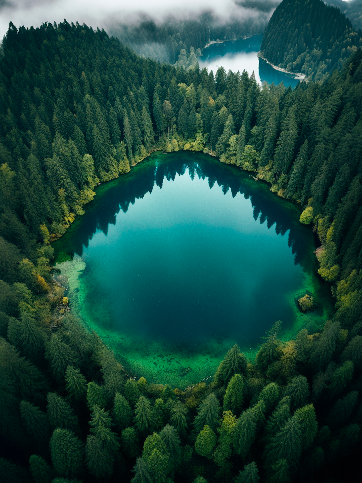 magnifique photographie aérienne d'un lac turquoise en forme de cercle, entouré d'une dense forêt d'arbres verts. Les eaux calmes du lac reflètent les arbres et le ciel, créant un miroir naturel