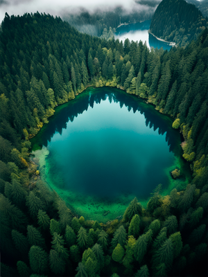Stunning aerial photograph of a circular turquoise lake surrounded by a dense green tree forest. The calm waters reflect the trees and the sky, creating a natural mirror.